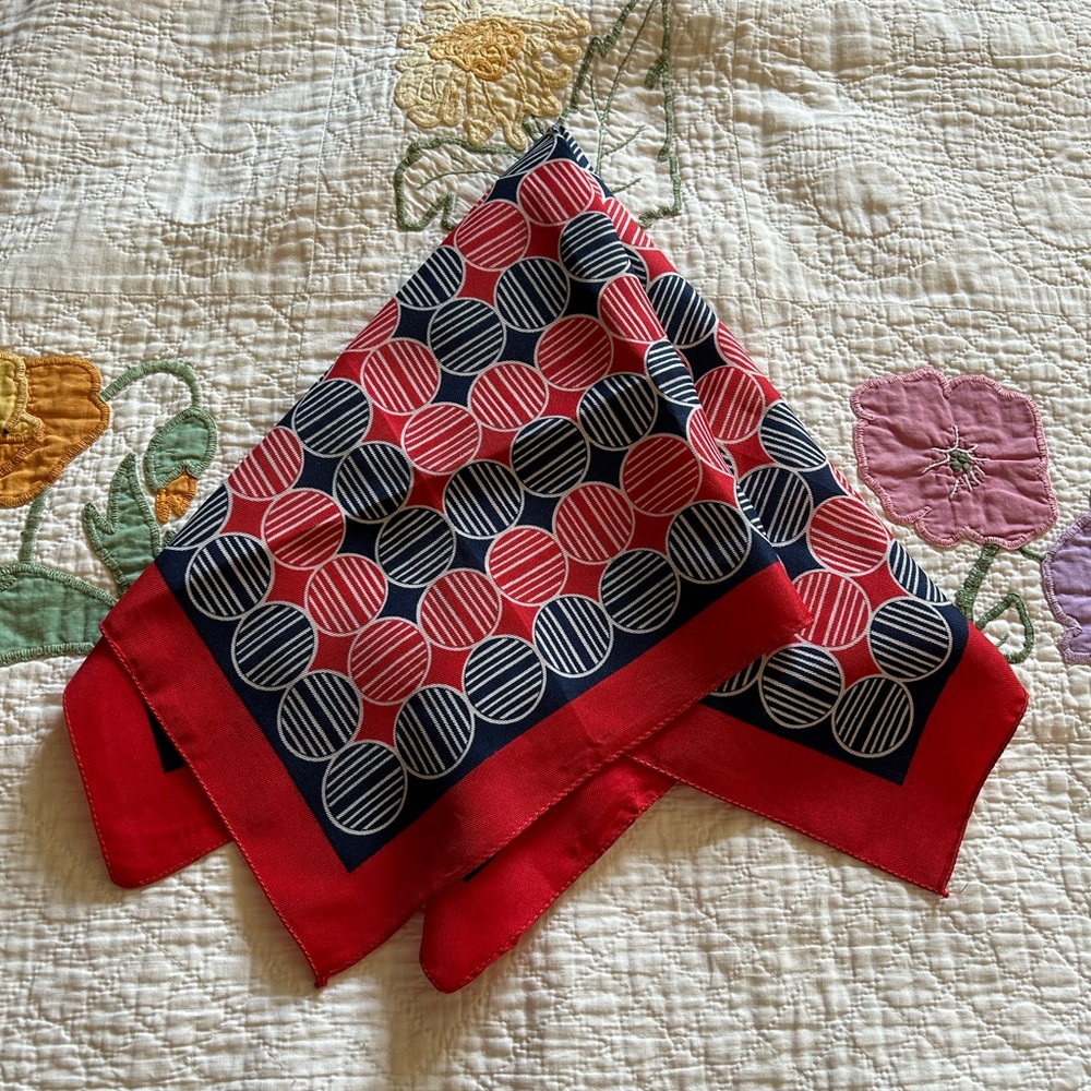 SOLD- 60s red and navy silk scarf 🧣